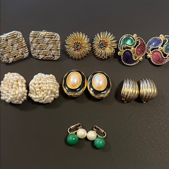 Jewelry - Lot of Gold, Pearl, enamel, rhinestone gold toned Earrings- clip on
